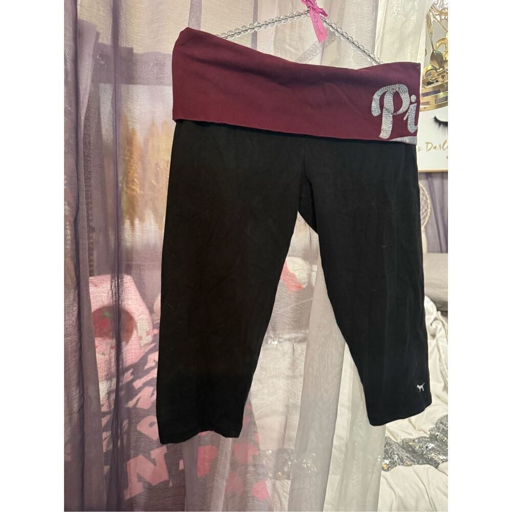 Victoria's Secret PINK foldover waist maroon red & bling capri leggings/pants a